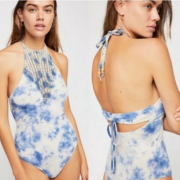 729. Free People Mae Bodysuit Tie Dye Blue Crochet medium NWT - Picture 2 of 6
